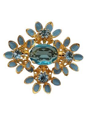 Austria Gold Tone Prong Set Rhinestone Enamel Flower Cluster Brooch, Signed E148